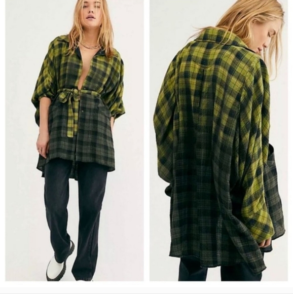 Free People Tops - Free People Green And Flannel Oversied Tunic Top Sz M